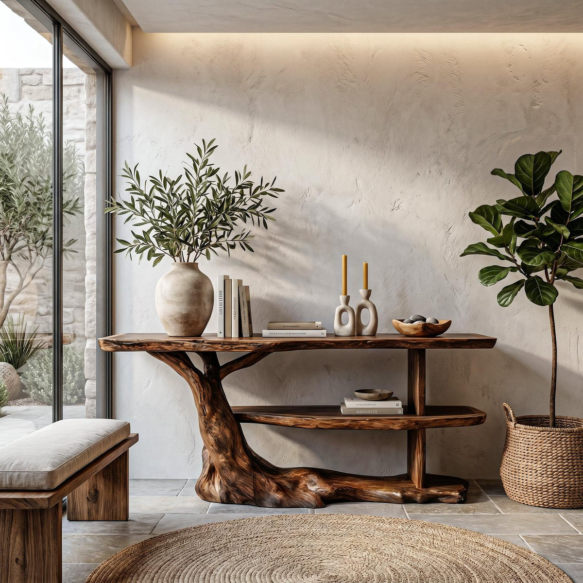 Modern Console Table with Flowing Wood Pedestal Base, Organic Wood Foyer Table for Entryway & Living Room