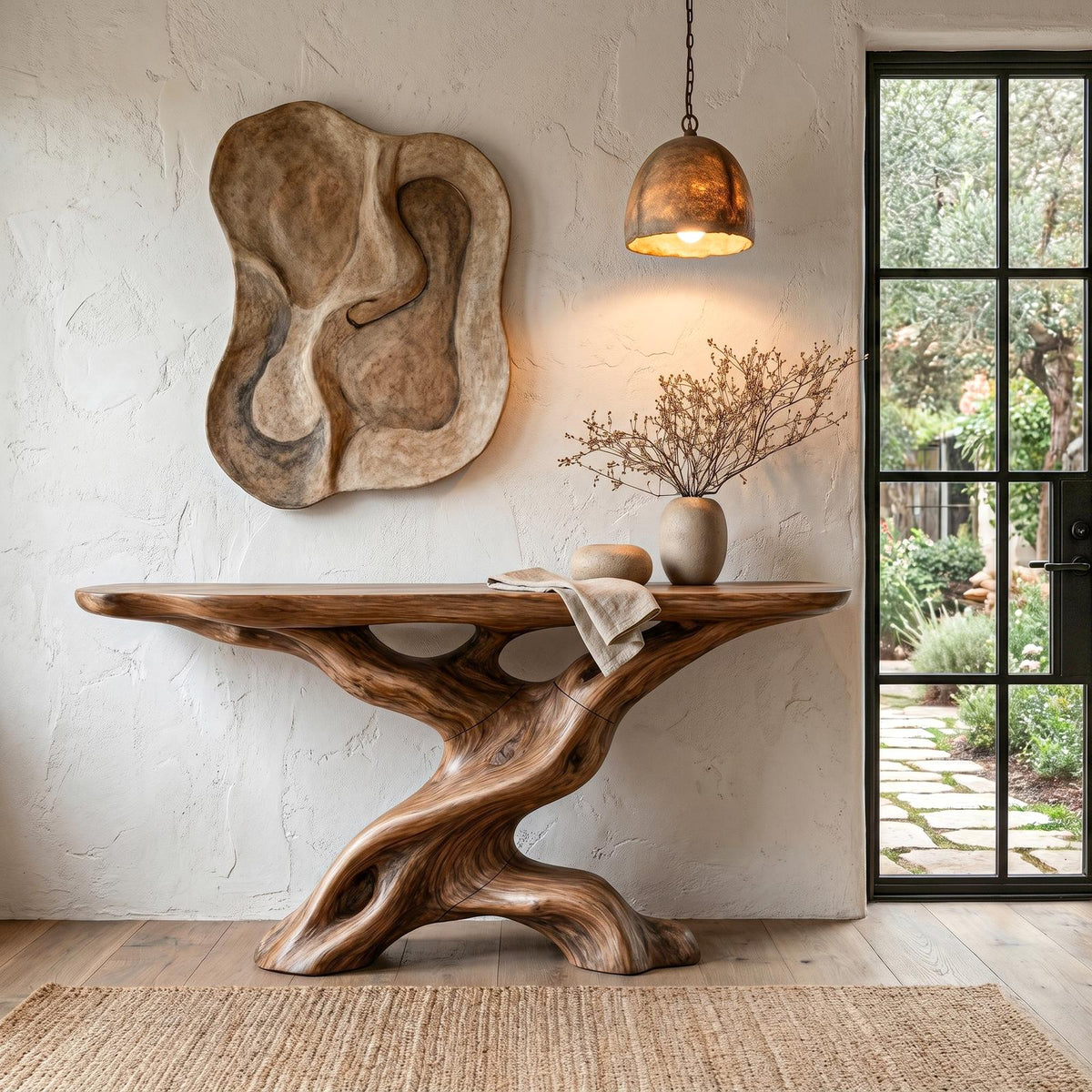 Live Edge Console Table with Sculptural Wood Base, Solid Wood Sofa Accent Table for Living Room
