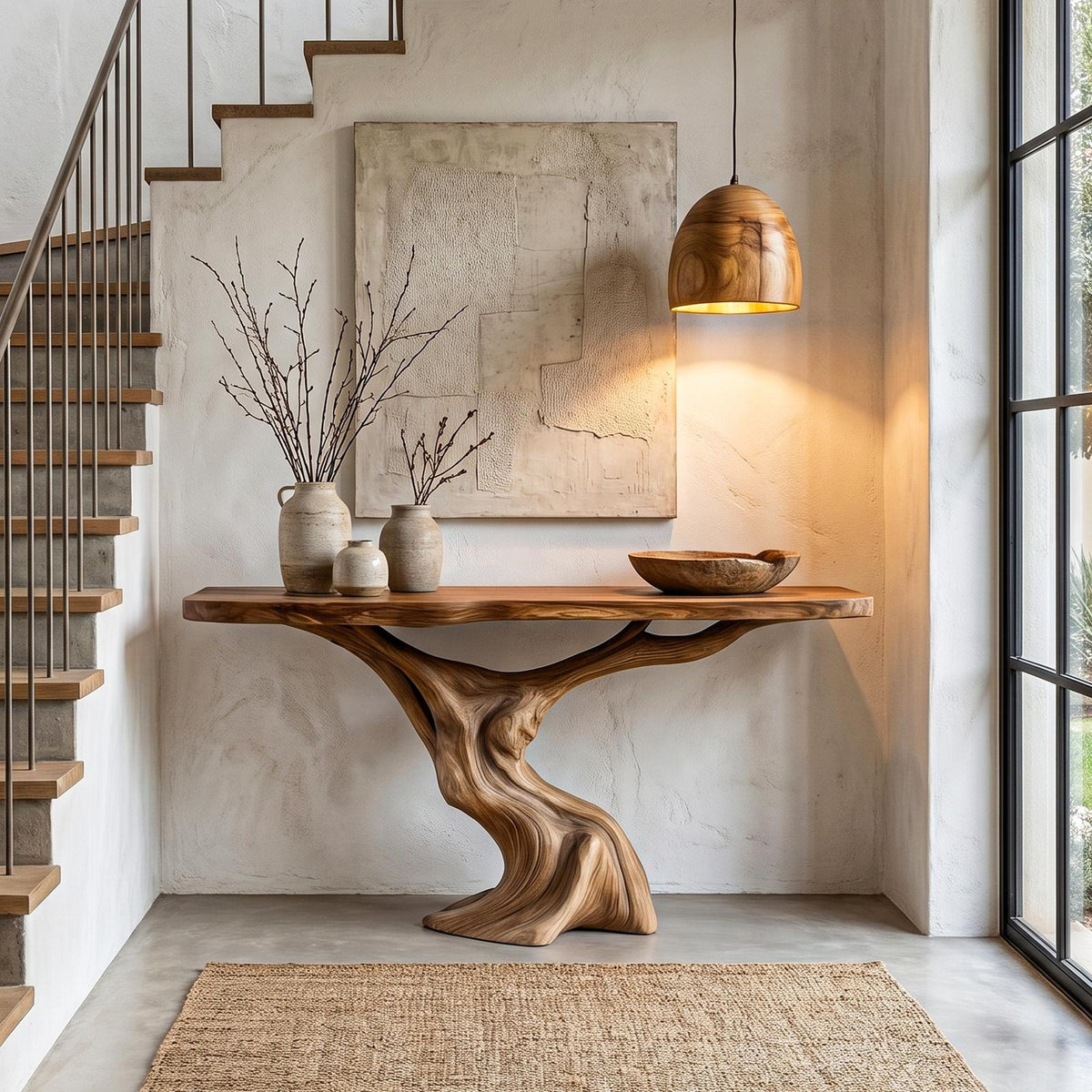 Rustic Organic Console Table, Sculptural Tree Wood Base Sofa Table for Entryway & Living Room