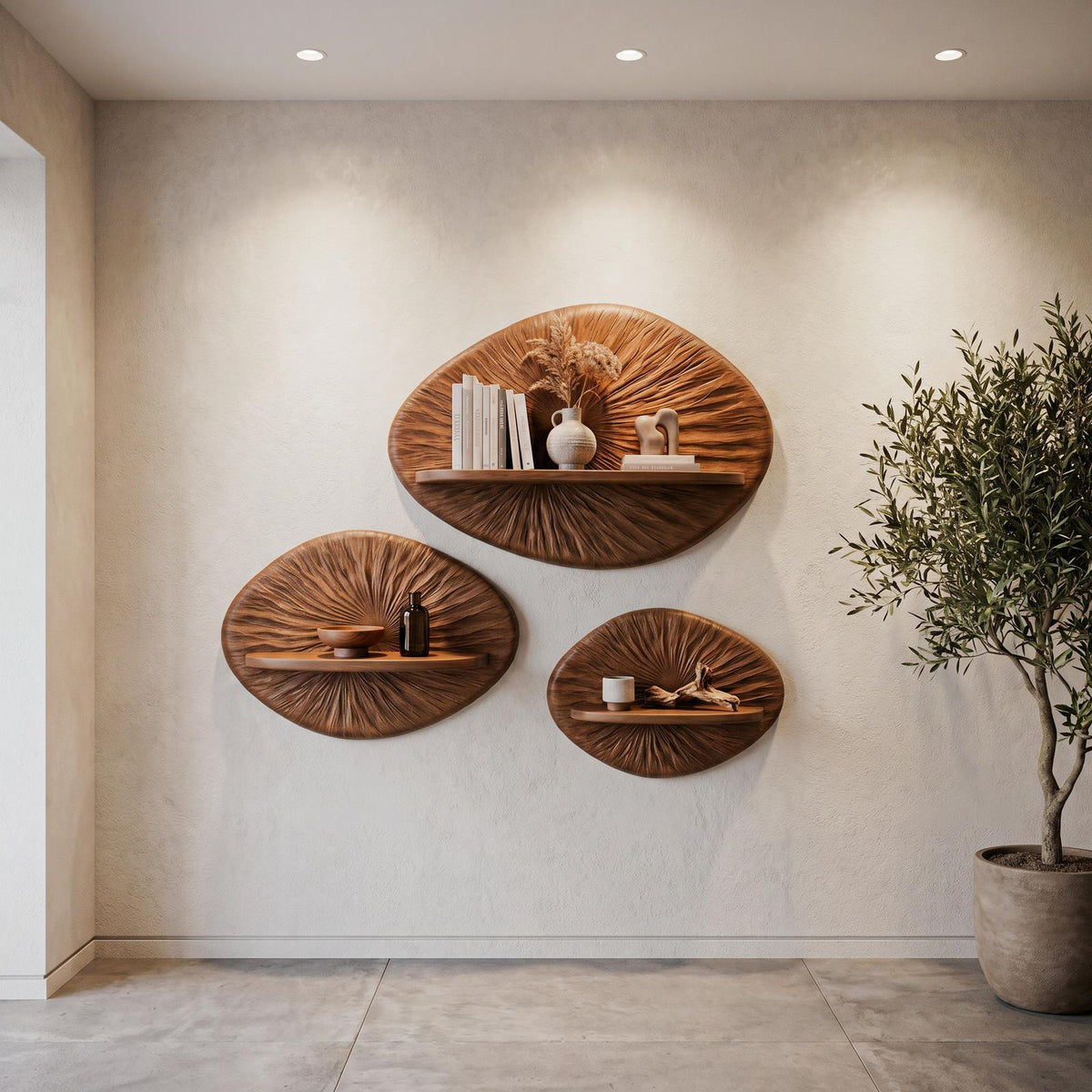 Round Sunburst Floating Wall Shelf, Decorative Handcrafted Solid Wood Display Ledge for Living Room