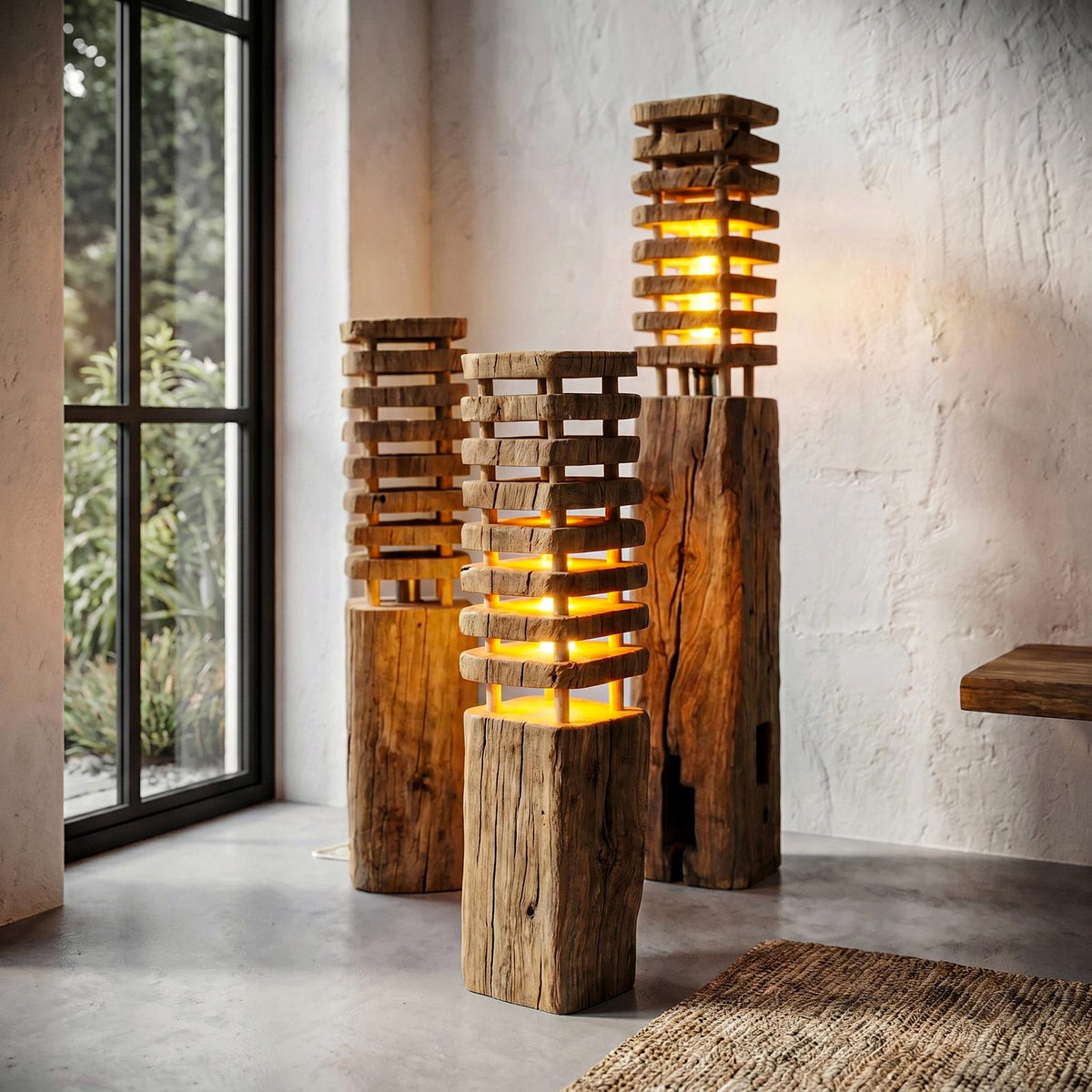 Rustic Wooden Floor Lamp with Sculptural Log Base, Natural Tree Trunk Standing Accent Light for Living Room