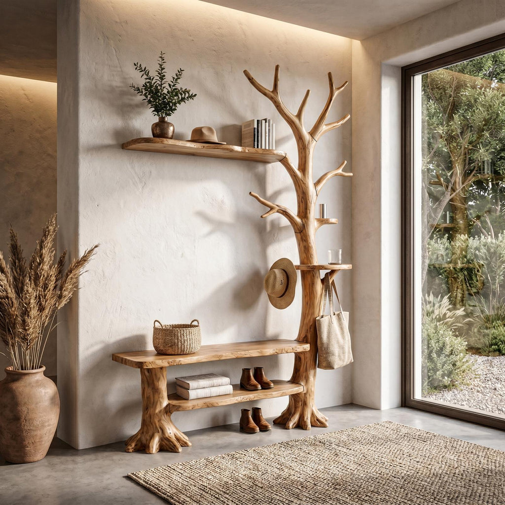 Rustic Tree Coat Rack with Integrated Bench and Floating Shelves, Wood Entryway Hall Tree