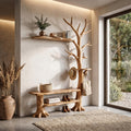 Rustic Tree Coat Rack with Integrated Bench and Floating Shelves, Wood Entryway Hall Tree