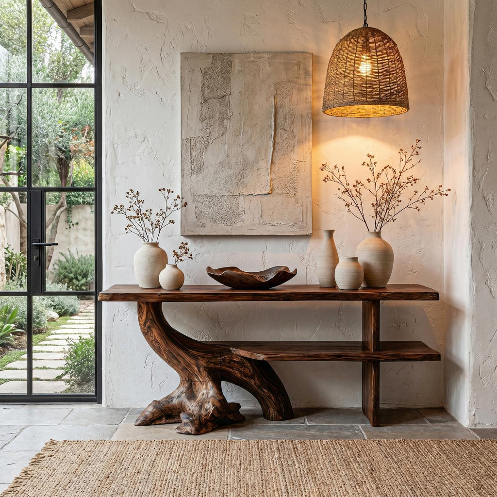 Organic Wood Console Table with Sculptural Tree Branch Base, Rustic Entryway & Living Room Accent Foyer Table