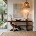 Organic Wood Console Table with Sculptural Tree Branch Base, Rustic Entryway & Living Room Accent Foyer Table