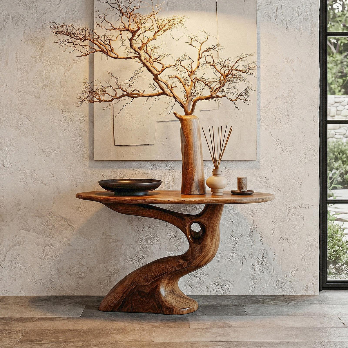 Tree-Inspired Console Table with Sculptural Wood Structure, Handcrafted Solid Wood Live Edge Entryway & Foyer Table