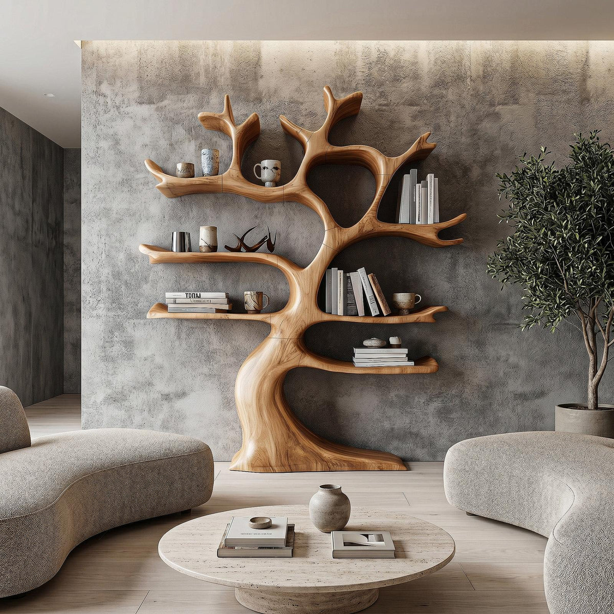 Organic Modern Tree Wall Shelf, Branch-Inspired Bookcase & Floating Storage Display