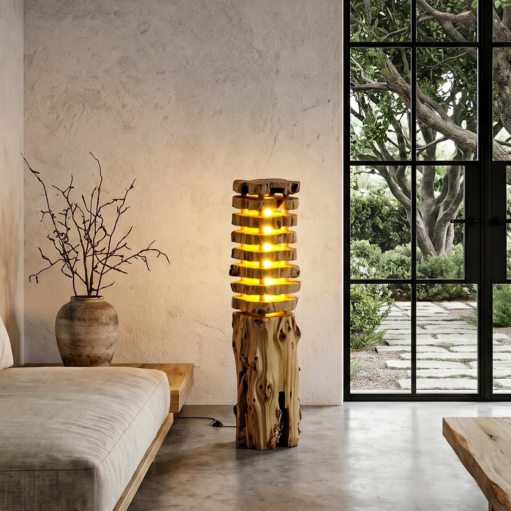 Rustic Log Floor Lamp with Sculptural Wooden Base, Natural Tree Trunk Standing Light for Living Room & Bedroom