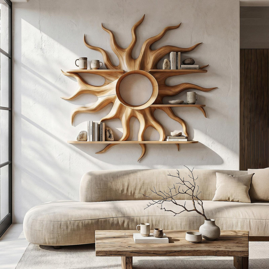 Sculptural Sun Wall Shelf, Floating Wooden Display Rack & Sunburst Wall Art Decor