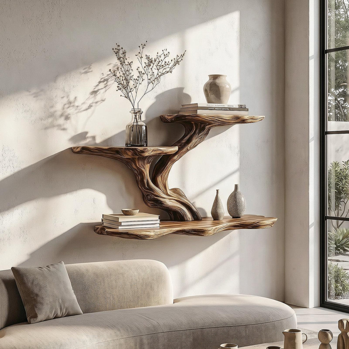 Organic Tree Branch Floating Shelf, Sculptural Wall Storage Solid Wood Ledge