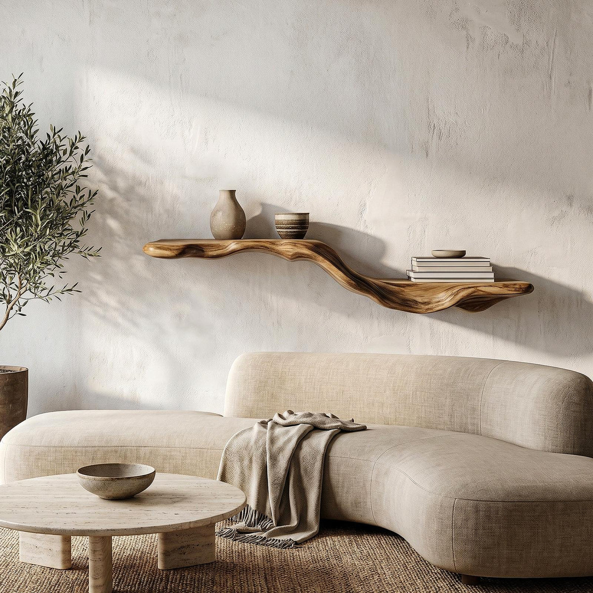 Organic Floating Shelf with Flowing Tree Branch Design, Wall Mounted Wood Display Shelf