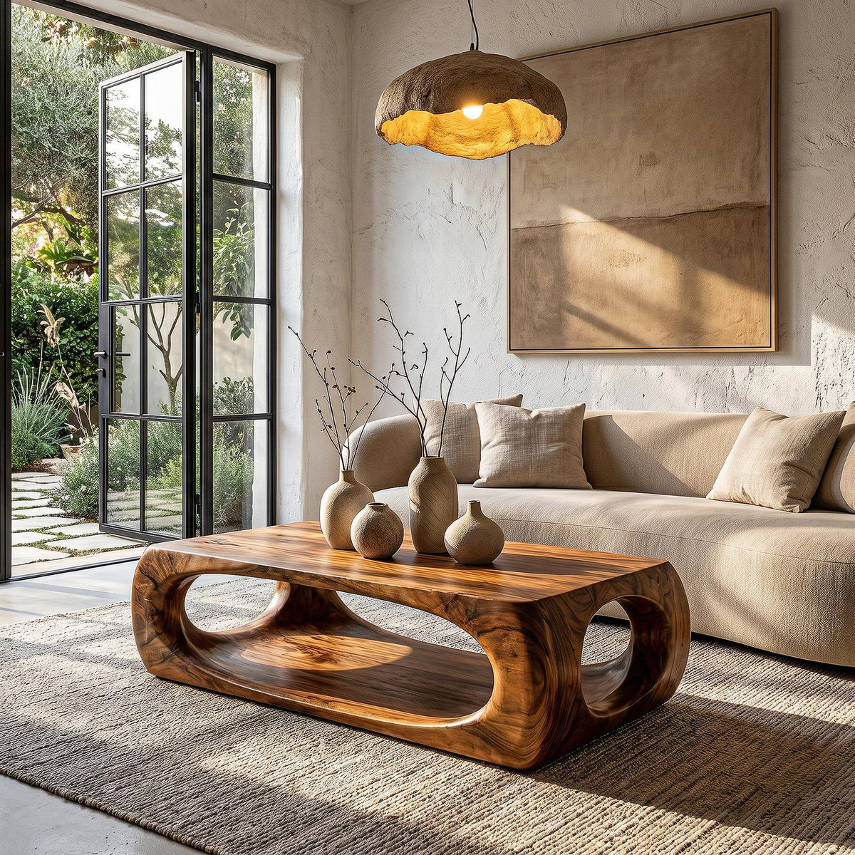 Nature Inspired Coffee Table with Flowing Open Form Base, Handcrafted Organic Solid Wood Center Table, Model