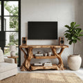 Rustic TV Stand with Natural Wood Sculptural Frame, Solid Wood Media Console Table