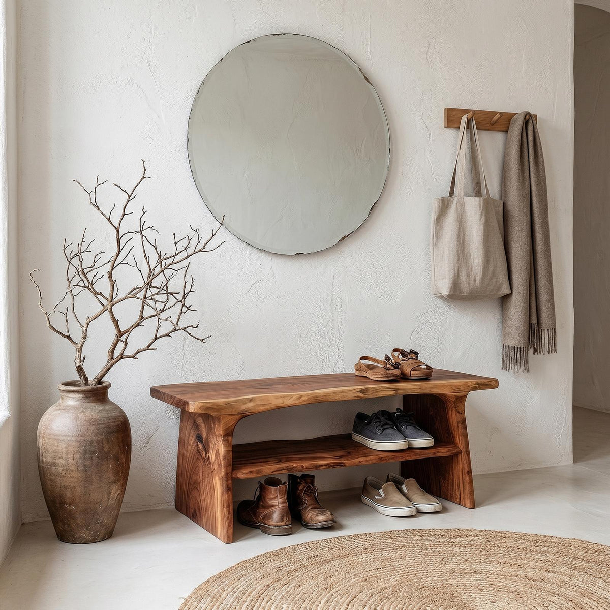 Rustic Shoe Bench with Natural Wood Storage, Handcrafted Entryway Sitting Bench
