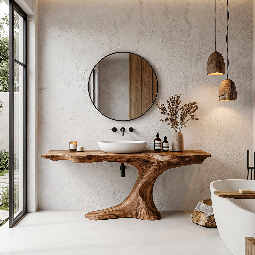 Rustic Organic Bathroom Vanity with Live Edge Countertop & Sculptural Tree Root Base, Wooden Sink Cabinet