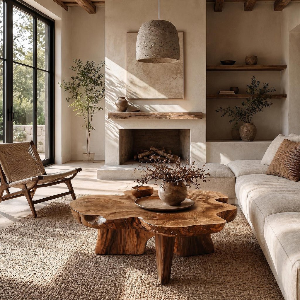Organic Coffee Table with Sculptural Solid Wood Base, Modern Rustic Center Table for Living Room