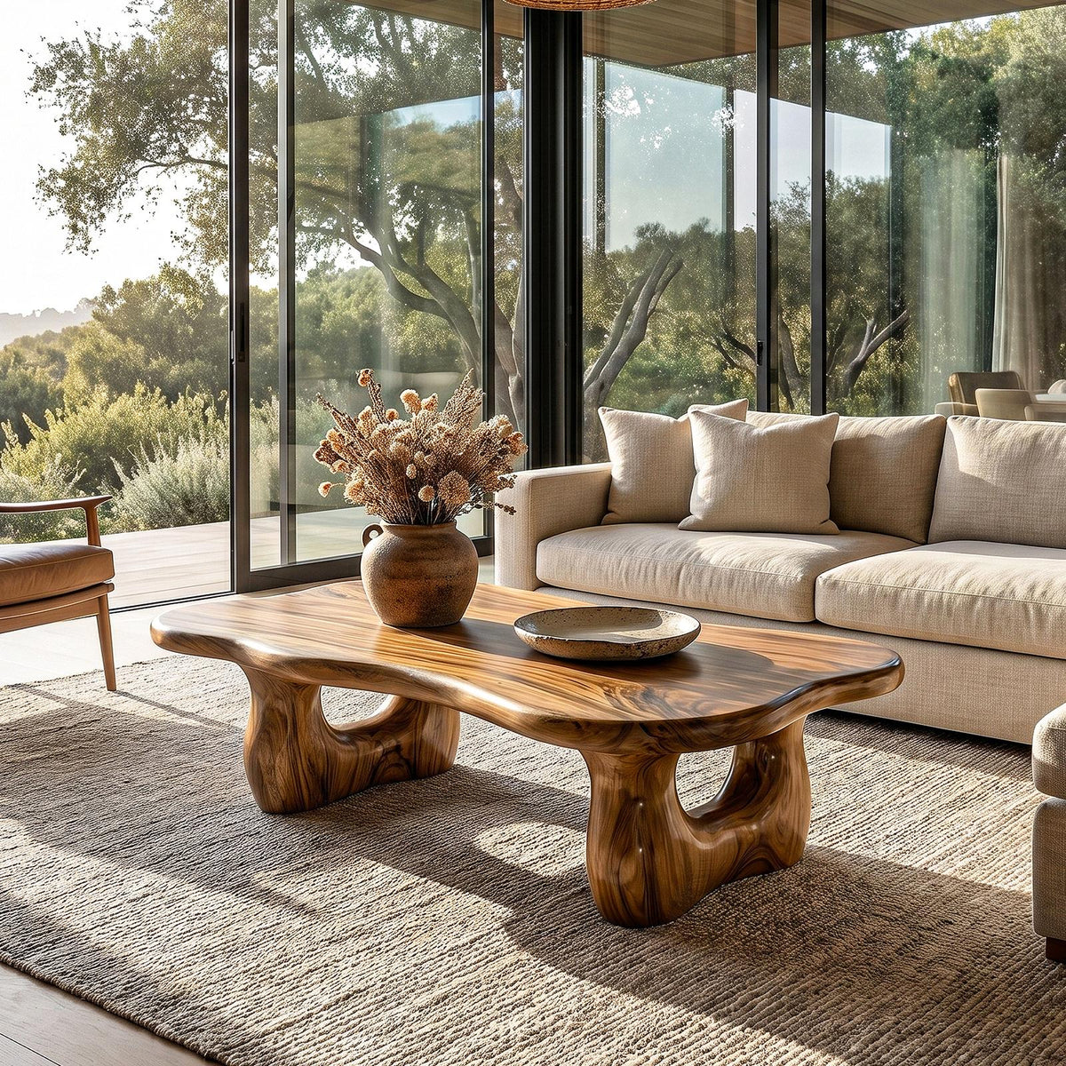 Rustic Wooden Coffee Table, Natural Live Edge Statement Center Table for Living Room