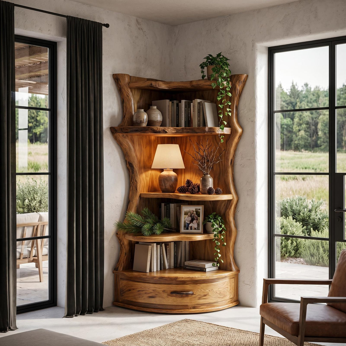 Mid Century Corner Shelf Unit With Curved Storage Base For Living Room