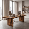 Rustic Live Edge Wooden Desk with Solid Wood Pedestal Base, Natural Edge Executive Office Computer Table