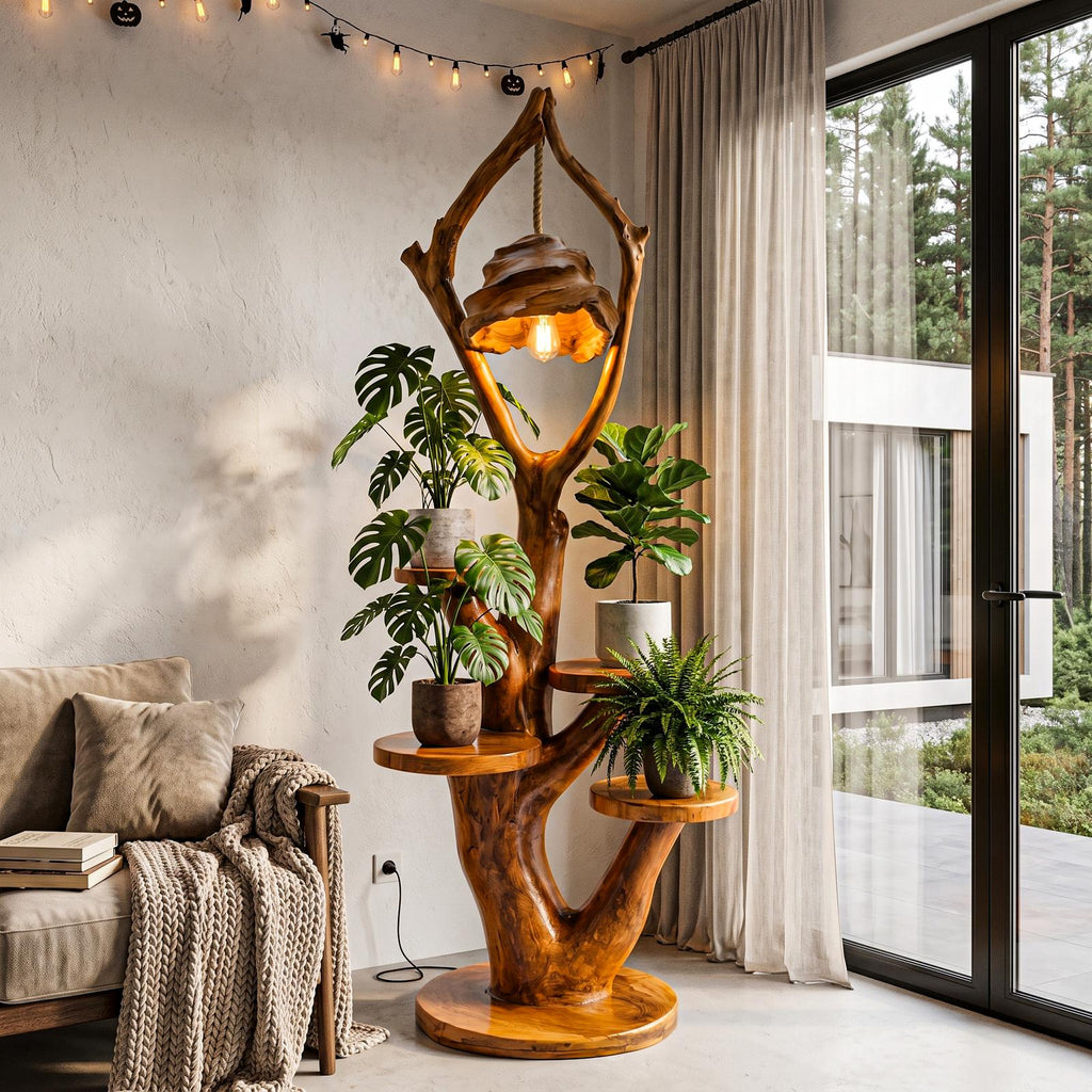Modern Halloween Multi Tier Plant Stand With Sculptural Branch Shelves For Sunroom