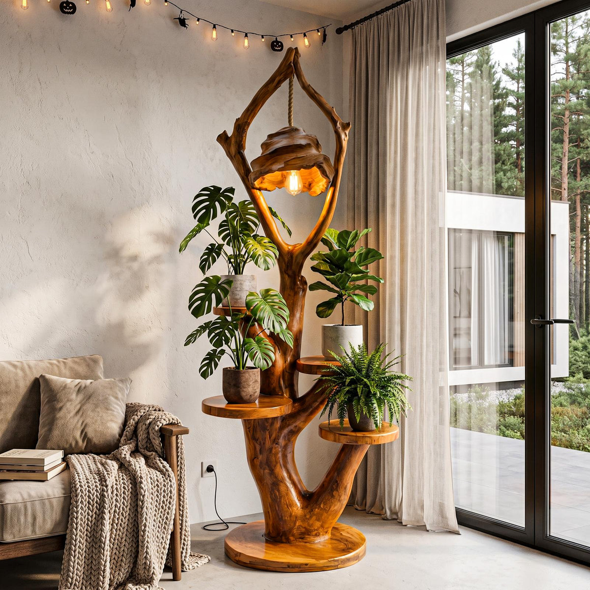 Modern Halloween Multi Tier Plant Stand With Sculptural Branch Shelves For Sunroom