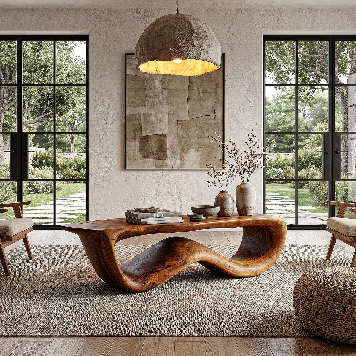 Contemporary Coffee Table with Flowing Solid Wood Silhouette, Organic Handcrafted Living Room Center Table, Model