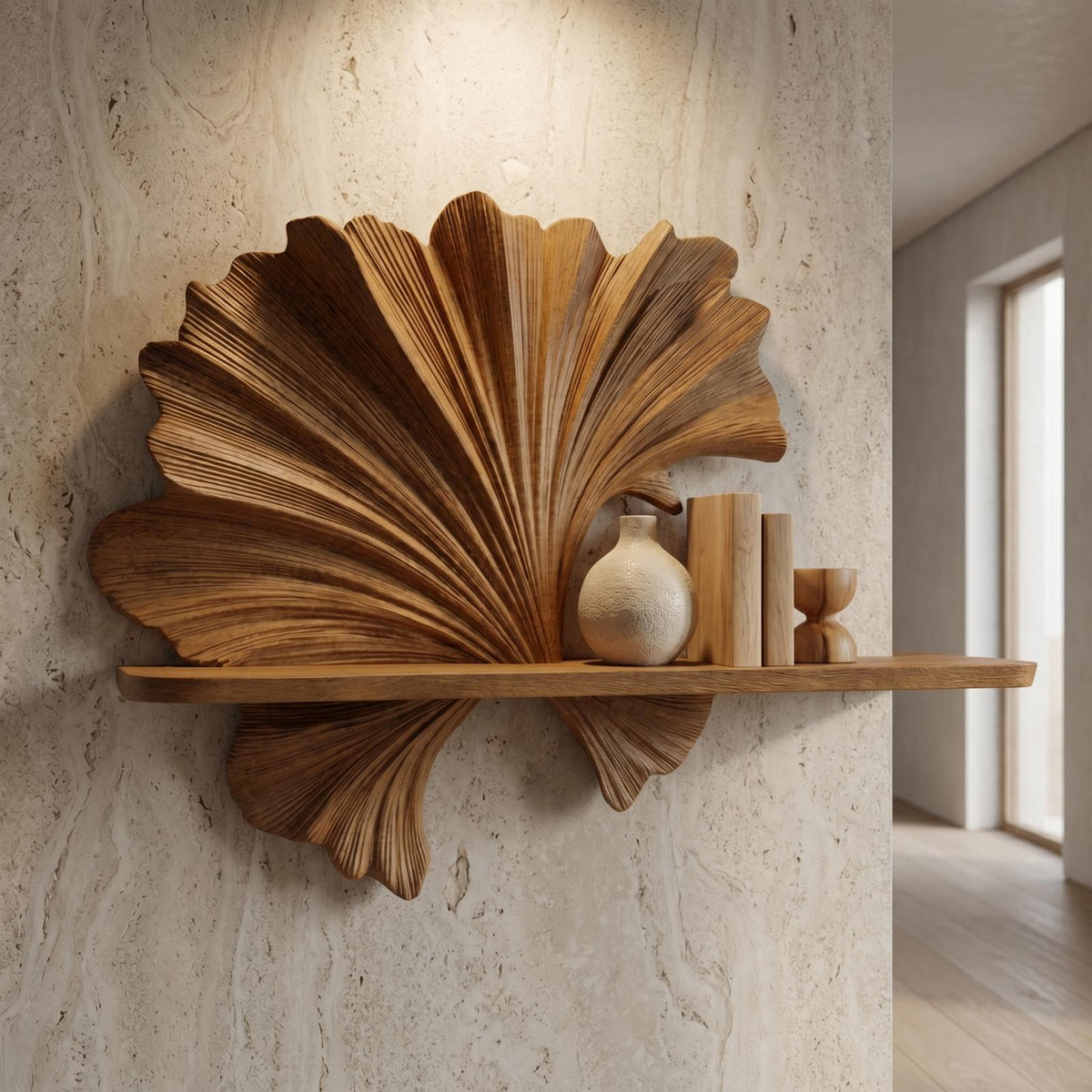 Carved Fan Shape Floating Wall Shelf, Handcrafted Solid Wood Decorative Display Ledge for Living Room