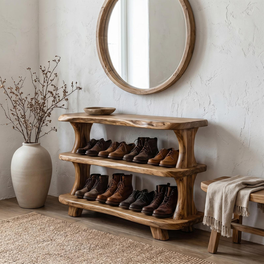 Modern Wooden Shoe Rack, Sculptural Entryway Organizer Closet Cabinet with Shelves