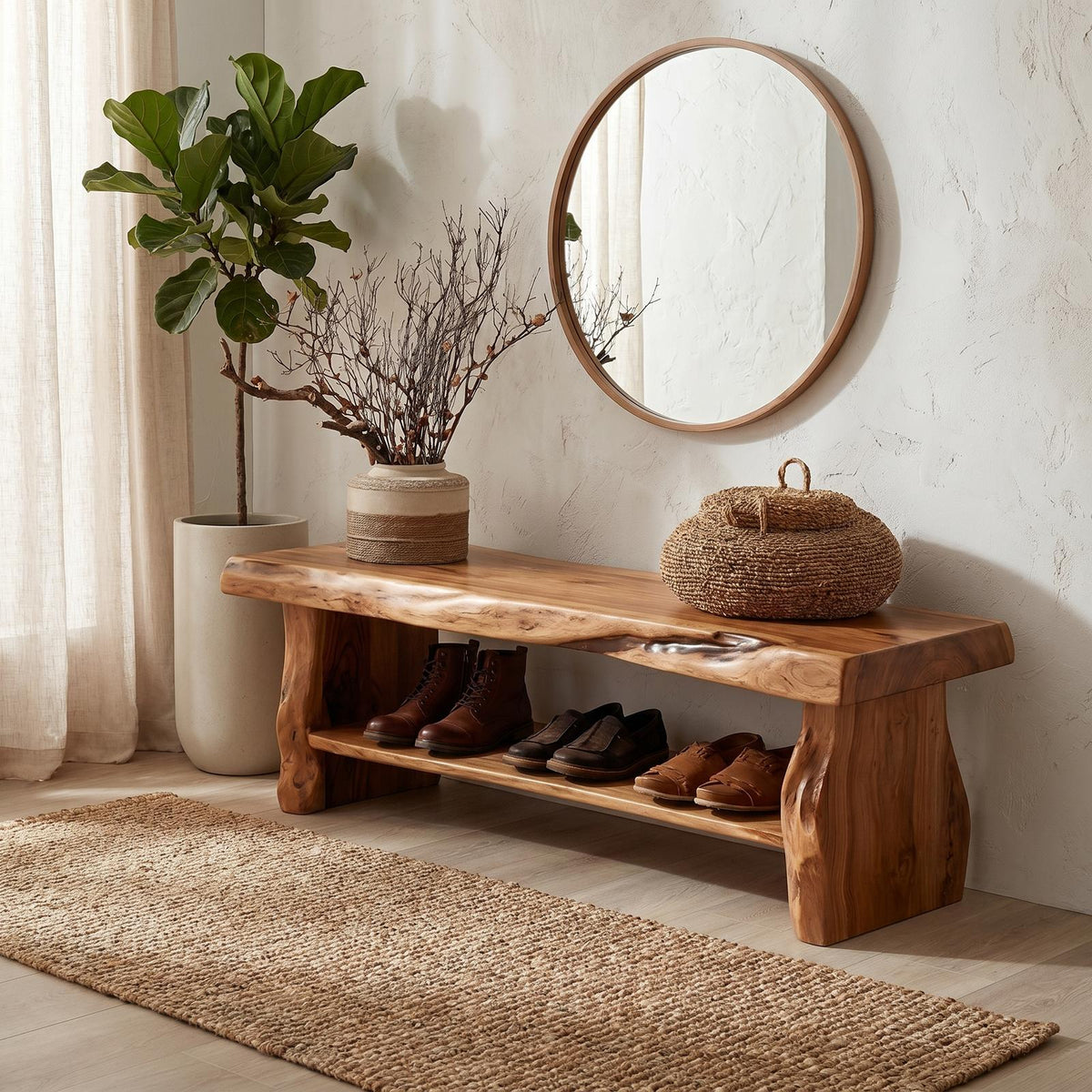 Rustic Solid Wood Shoe Bench, Natural Entryway Shoe Organizer Rack & Seat with Storage