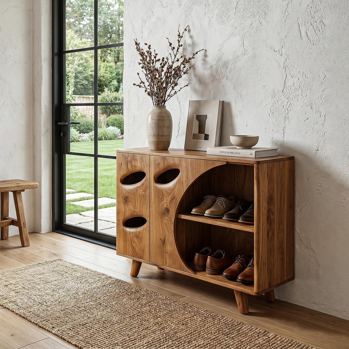 Spry Interior Mid Century Wood Shoe Cabinet, Organic Cutout Entryway Shoe Organizer Rack with Doors, SINLHASB097