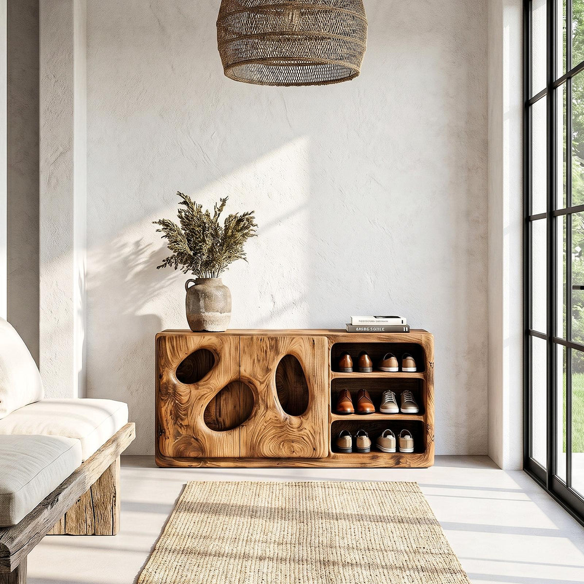 Spry Interior Organic Modern Wood Shoe Cabinet, Artistic Entryway Shoe Organizer & Hallway Storage Console, SINLHASB098