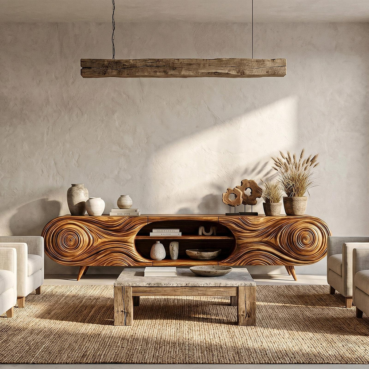 Organic Modern TV Cabinet, Handcrafted Sculptural Wood Grain Media Console Board with Storage for Living Room, Model