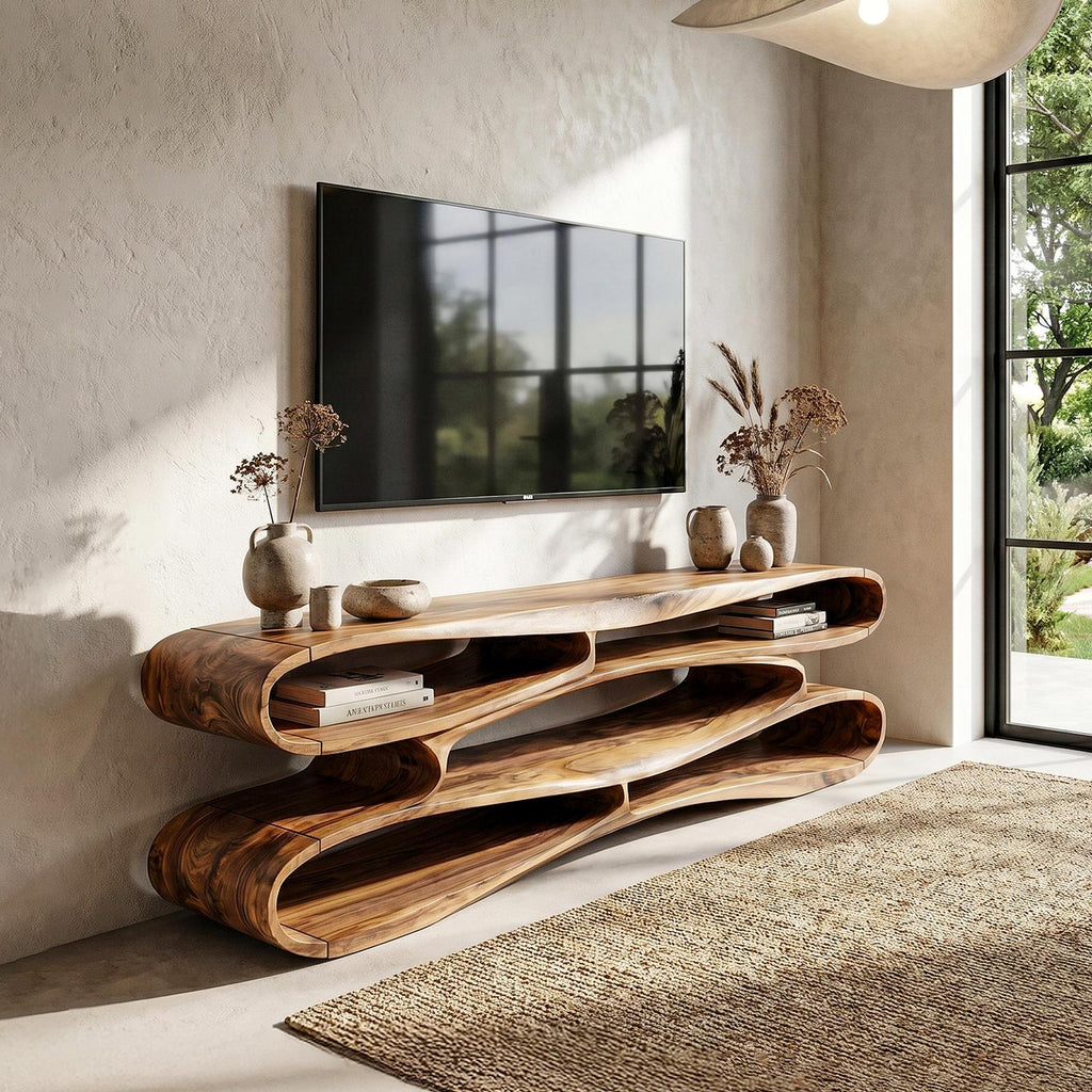 Sculptural Solid Wood TV Cabinet, Handcrafted Nature-Inspired Floating Media Console for Living Room TV Stand, Model