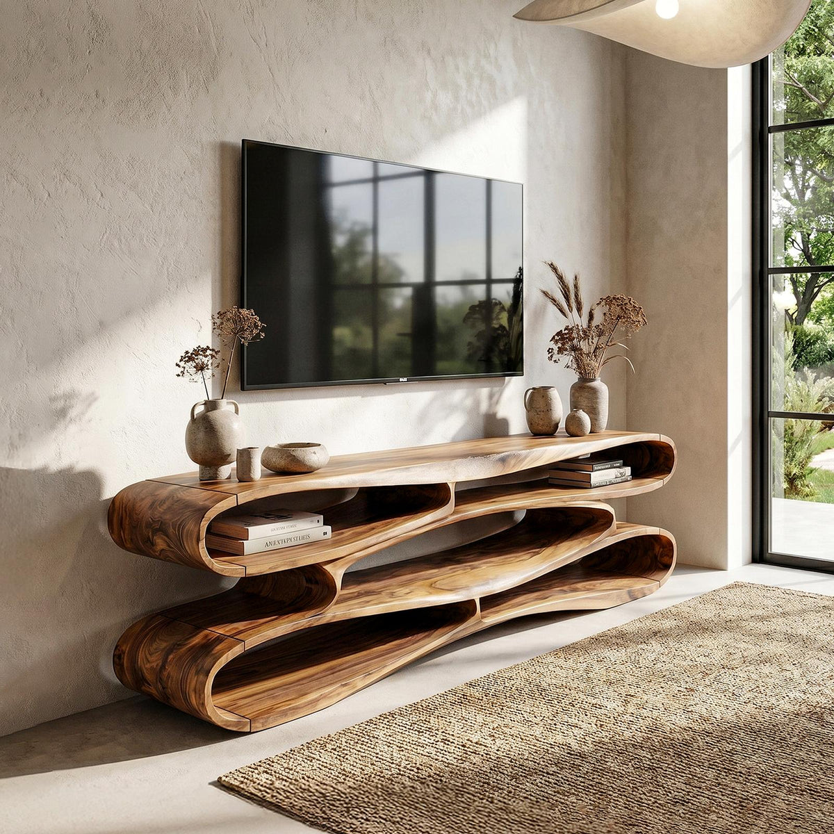 Sculptural Solid Wood TV Cabinet, Handcrafted Nature-Inspired Floating Media Console for Living Room TV Stand, Model