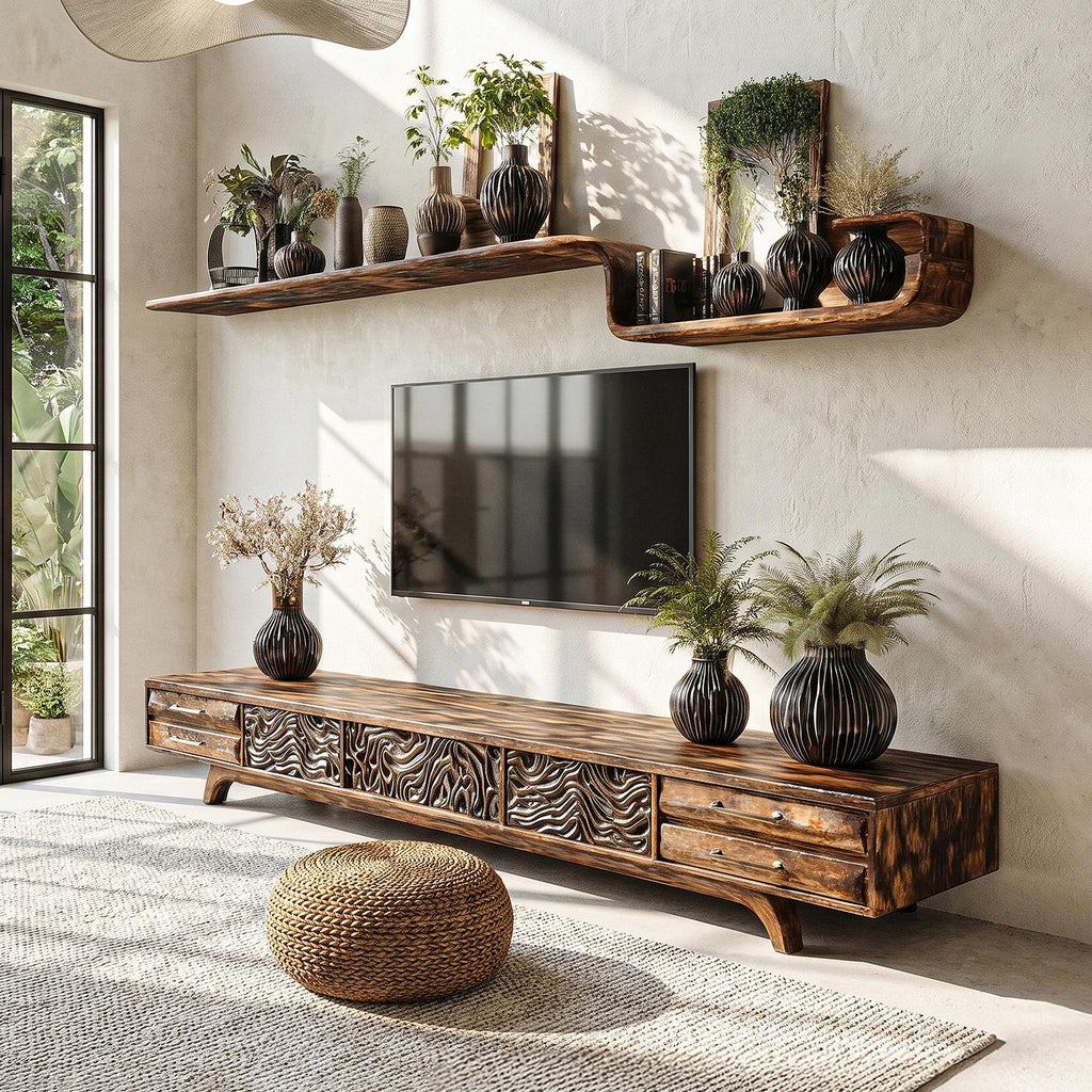 Rustic Solid Wood TV Cabinet, Handcrafted Nature-Inspired Branch Shape Media Console Table for Living Room, Model