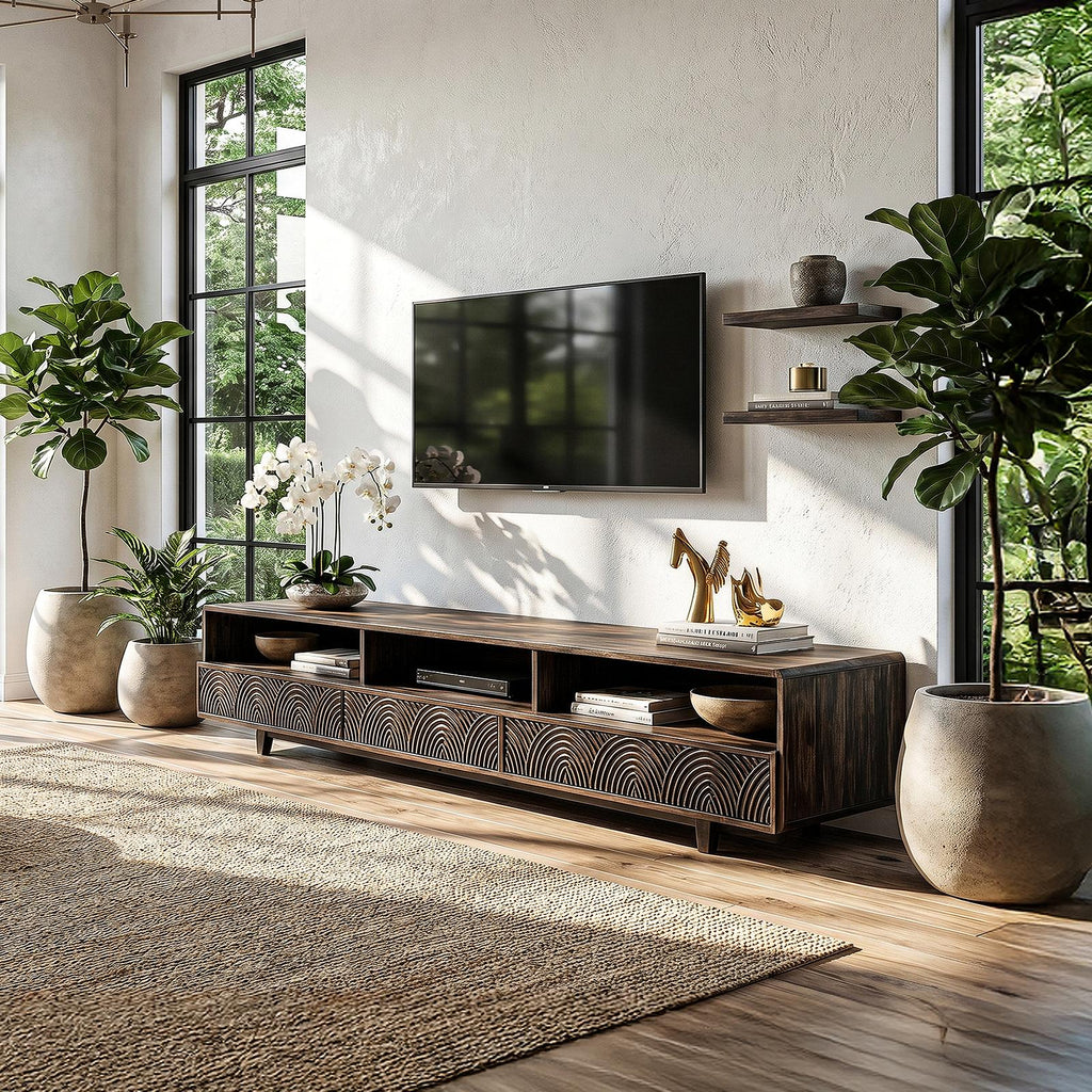Rustic Wood TV Cabinet, Handcrafted Reclaimed Style Media Stand Board with Storage Doors for Living Room, Model