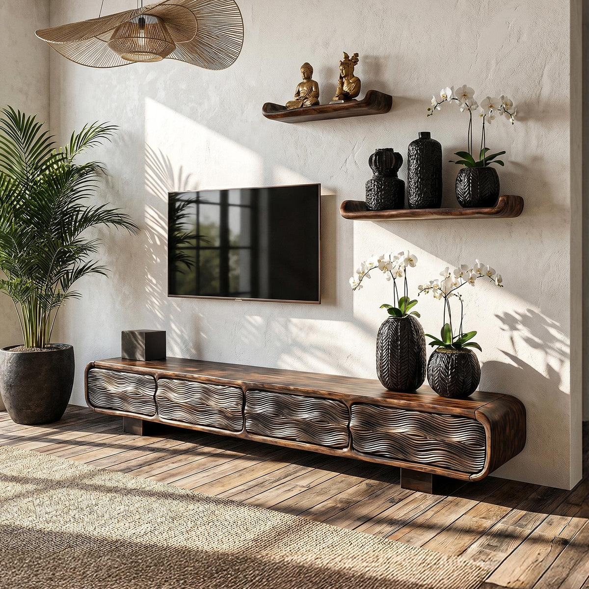 Rustic Solid Wood TV Cabinet, Handcrafted Log Style Media Console Board with Storage for Living Room, Model