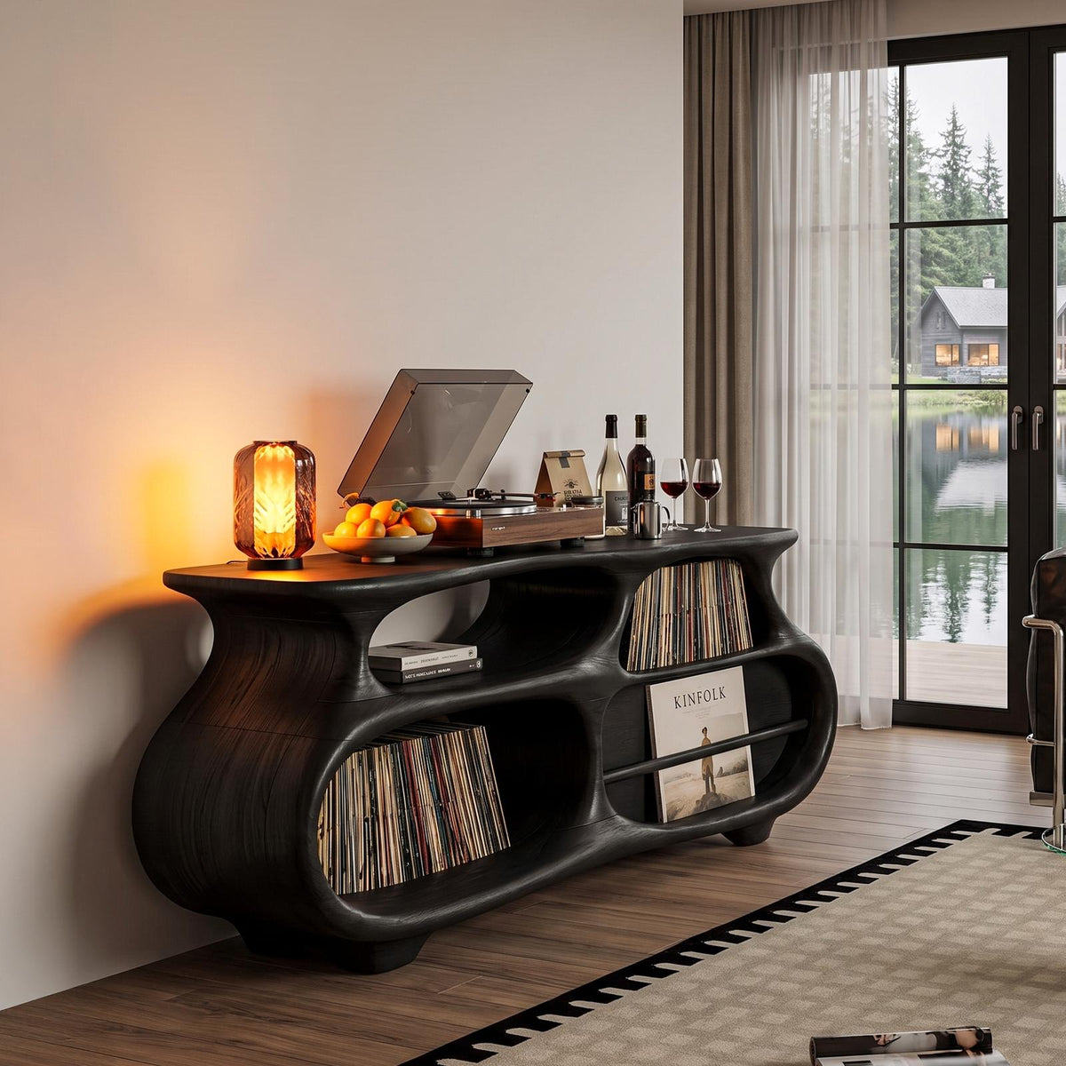 Mid Century Vinyl Record Stand With Artistic Flowing Silhouette For Entryway