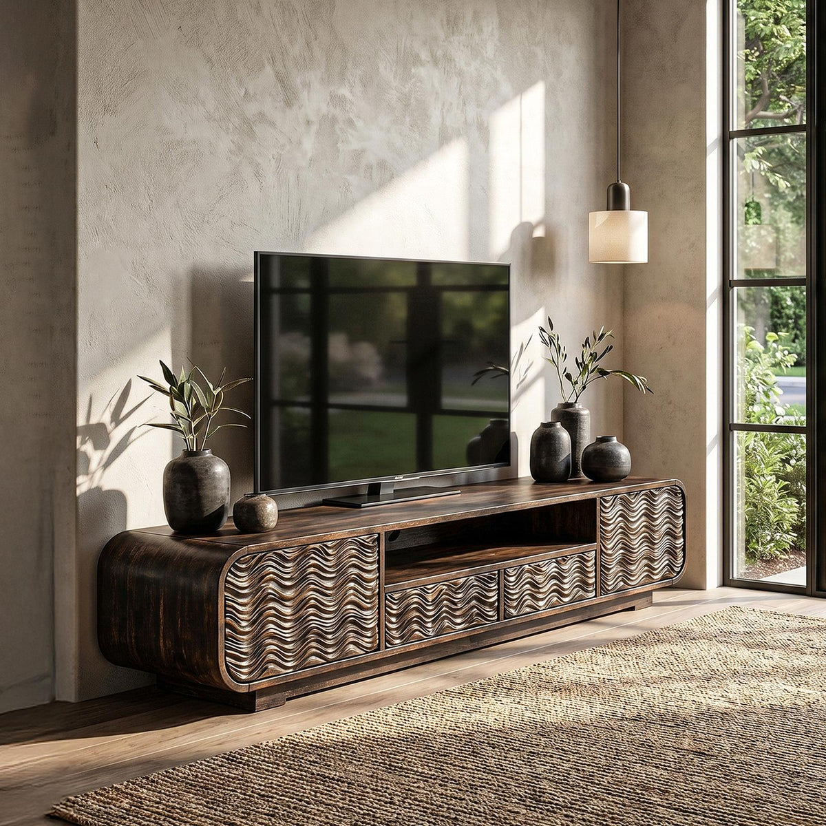 Modern Solid Wood Entertainment Center, Handcrafted Organic Wave Shaped TV Console for Living Room, Model