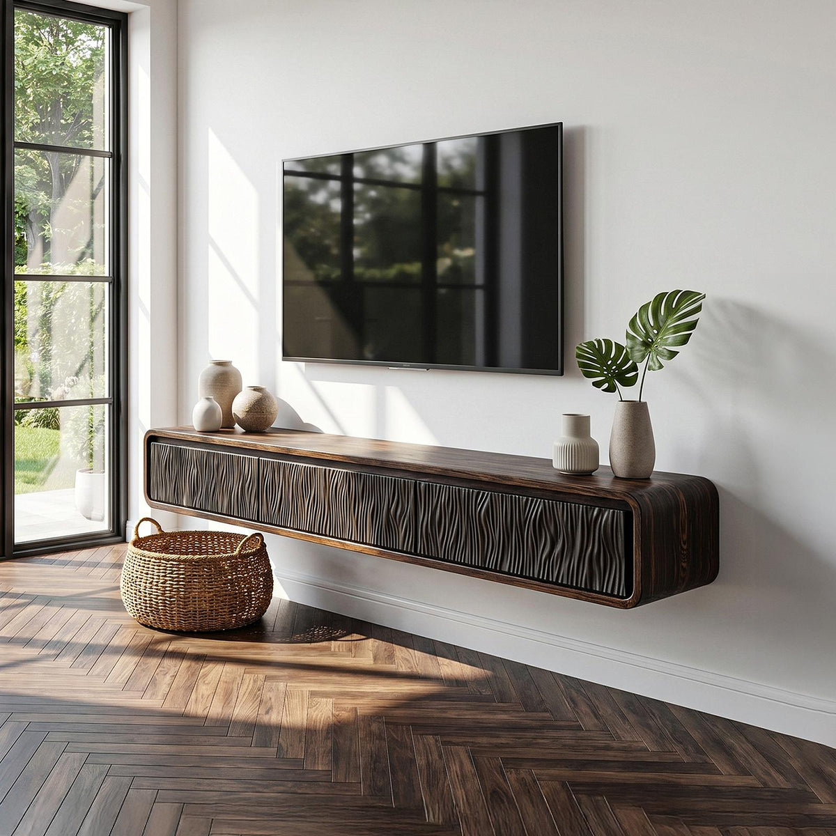Organic Modern Wall Mounted TV Cabinet, Handcrafted Solid Wood Floating Media Console Entertainment Center, Model