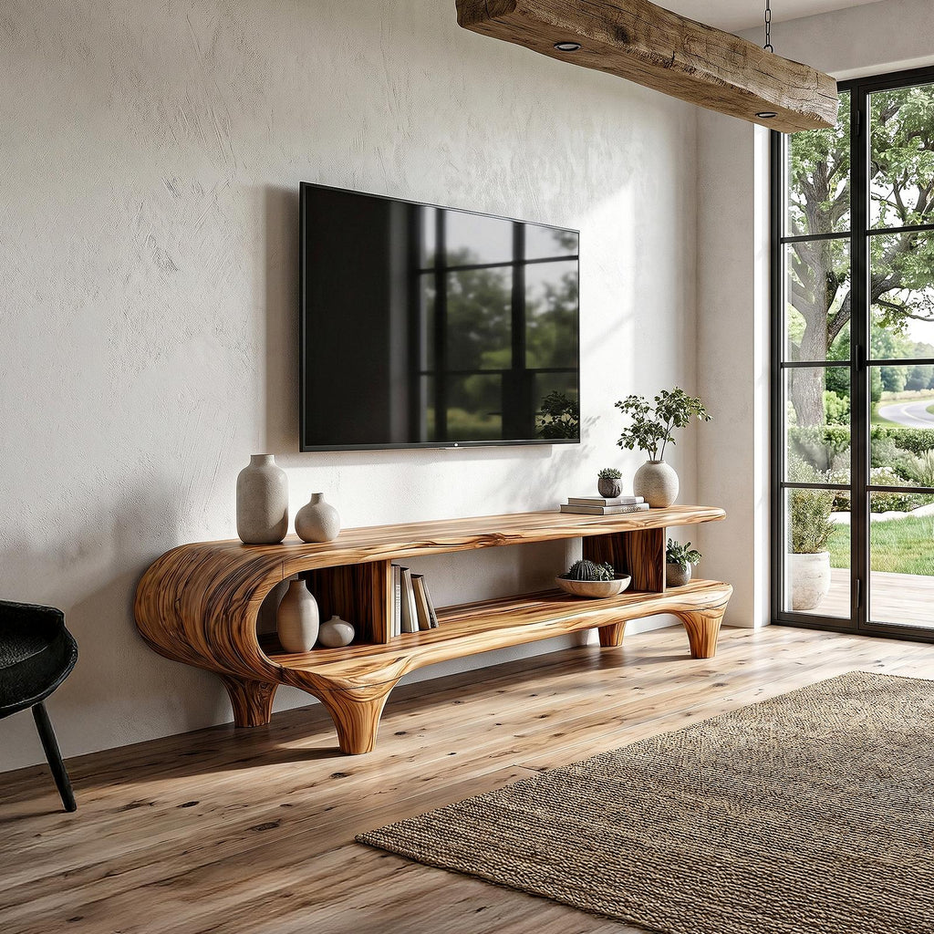Contemporary Wooden TV Cabinet, Handcrafted Organic Curved Frame Media Console for Living Room TV Stand, Model