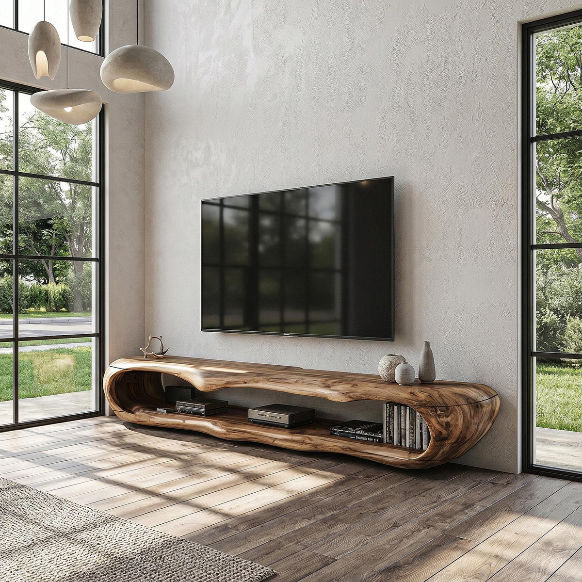 Sculptural Wood TV Cabinet, Handcrafted Nature-Inspired Artistic Media Console Credenza for Living Room, Model