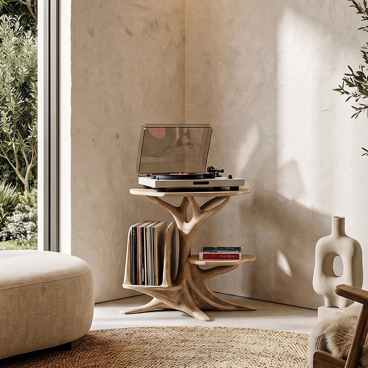 Modern Record Player Stand, Sculptural Solid Wood Turntable Console with Vinyl LP Storage Shelf