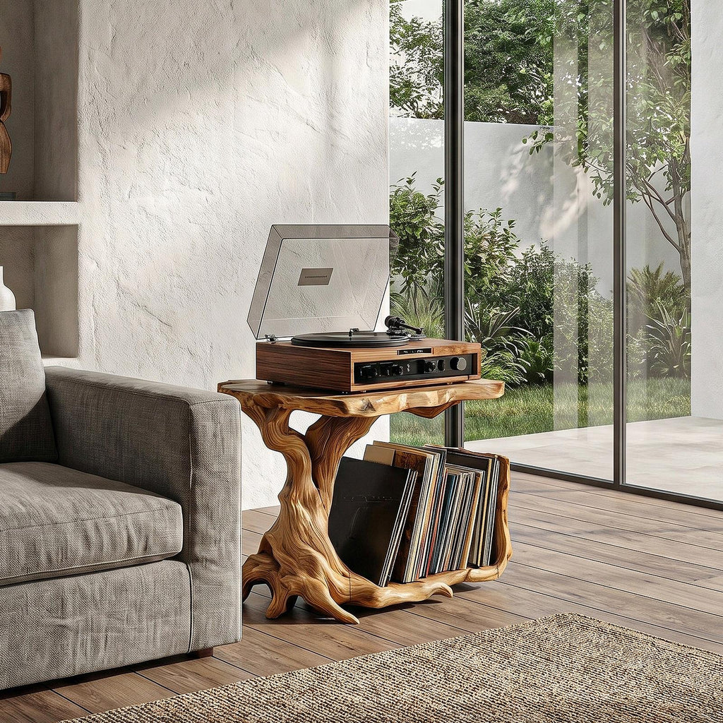 Rustic Record Player Stand, Tree Root Solid Wood Turntable Credenza with Vinyl Storage Rack