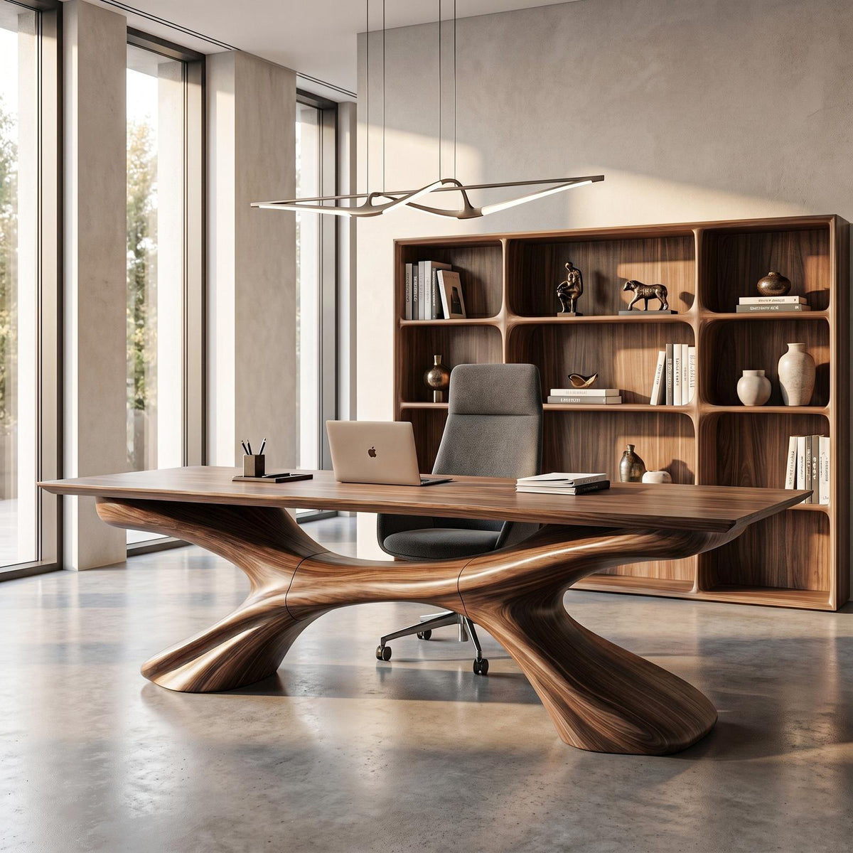 Modern Executive Desk, Handcrafted Sculptural Solid Wood Home Office Computer Writing Workstation Table, Model