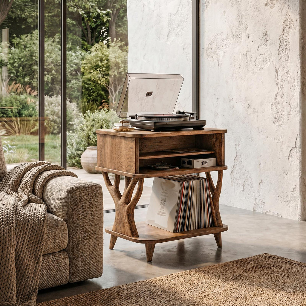 Organic Record Player Stand, Solid Wood Turntable Table with Drawer Storage & Vinyl Shelf