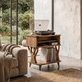 Organic Record Player Stand, Solid Wood Turntable Table with Drawer Storage & Vinyl Shelf