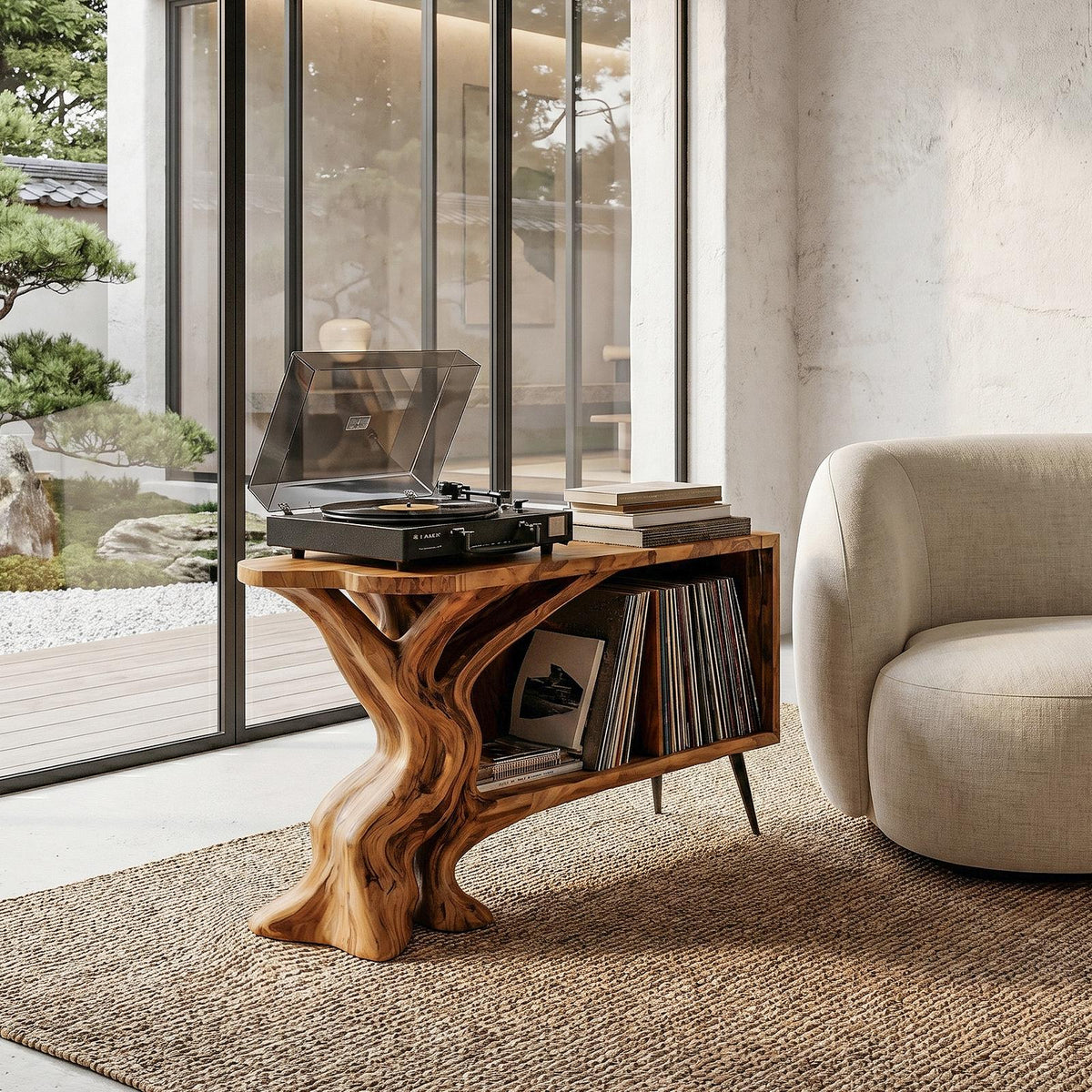 Organic Record Player Stand, Sculptural Tree Root Solid Wood Turntable Station with Vinyl Storage