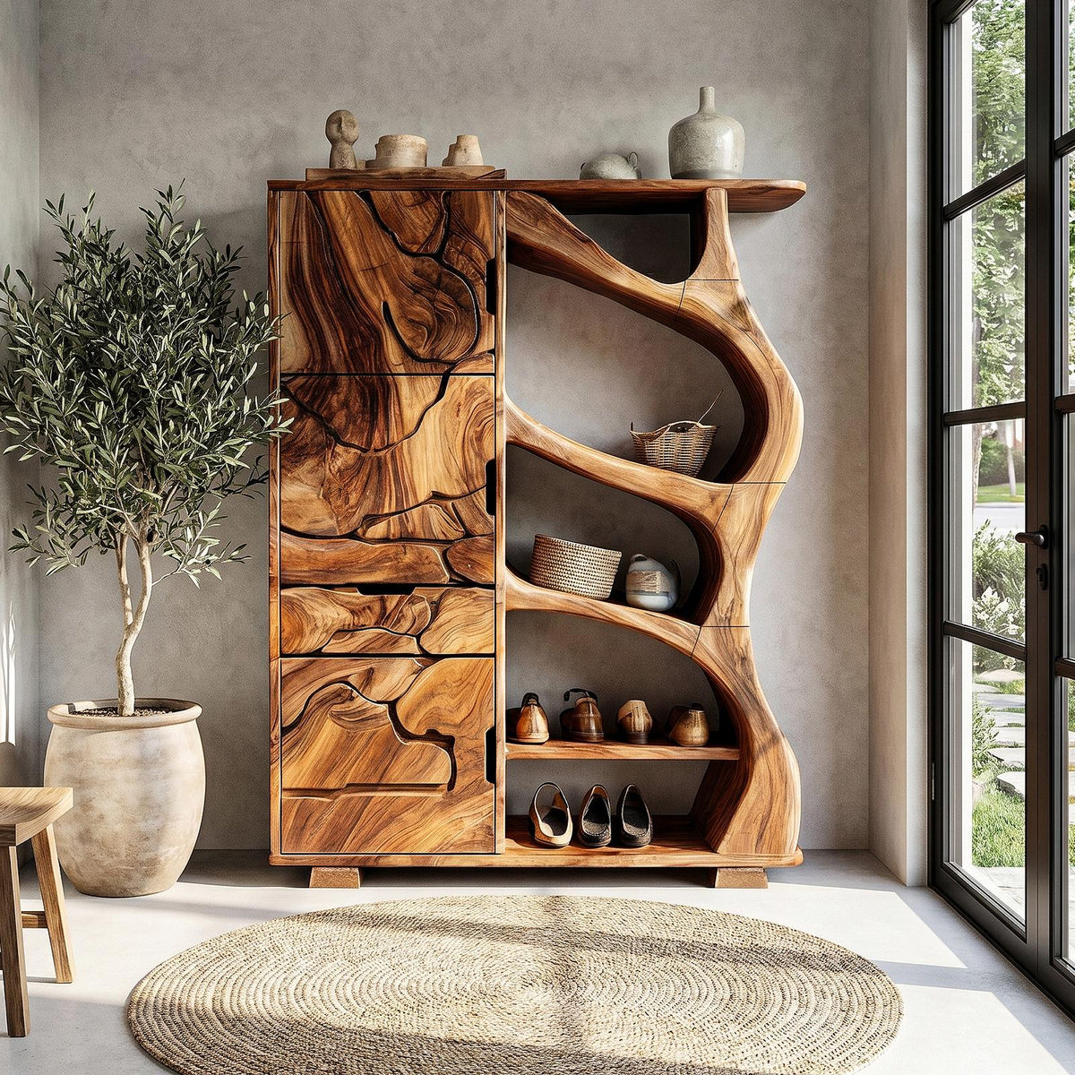 Nature Inspired Entryway Cabinet Organic Storage Design