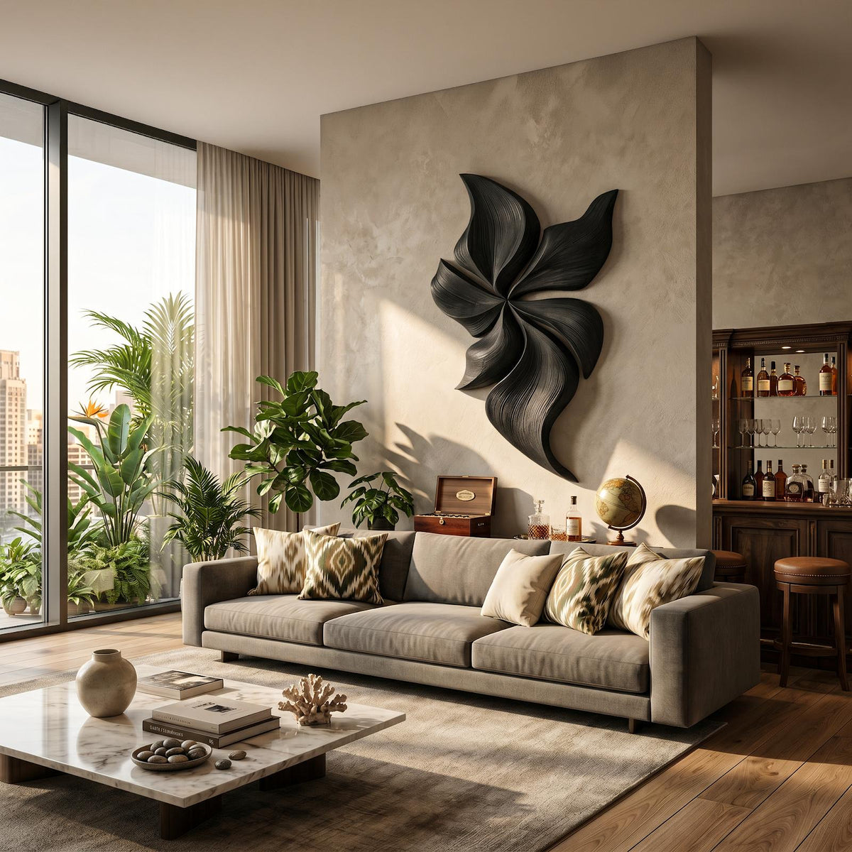 Modern Wooden Wall Art, Floral Inspired Hand-Carved 3D Botanical Wood Wall Sculpture for Living Room Decor